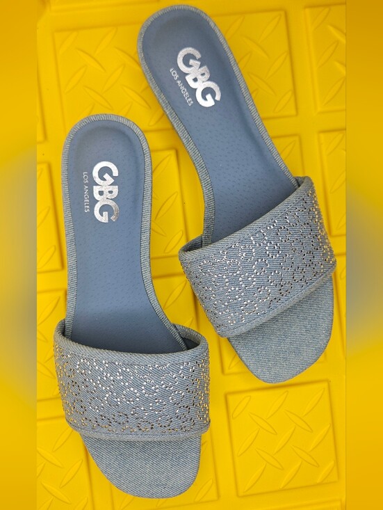 GBG Los Angeles Shoes - GBG Los Angeles Light Blue/Denim Slide Sandals with Rhinestone Logo Accents
